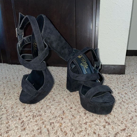 Platform Block Heel Pumps Slingback Black Skyscraper Heels Buckle Open Toe 7.5 - Picture 2 of 6
